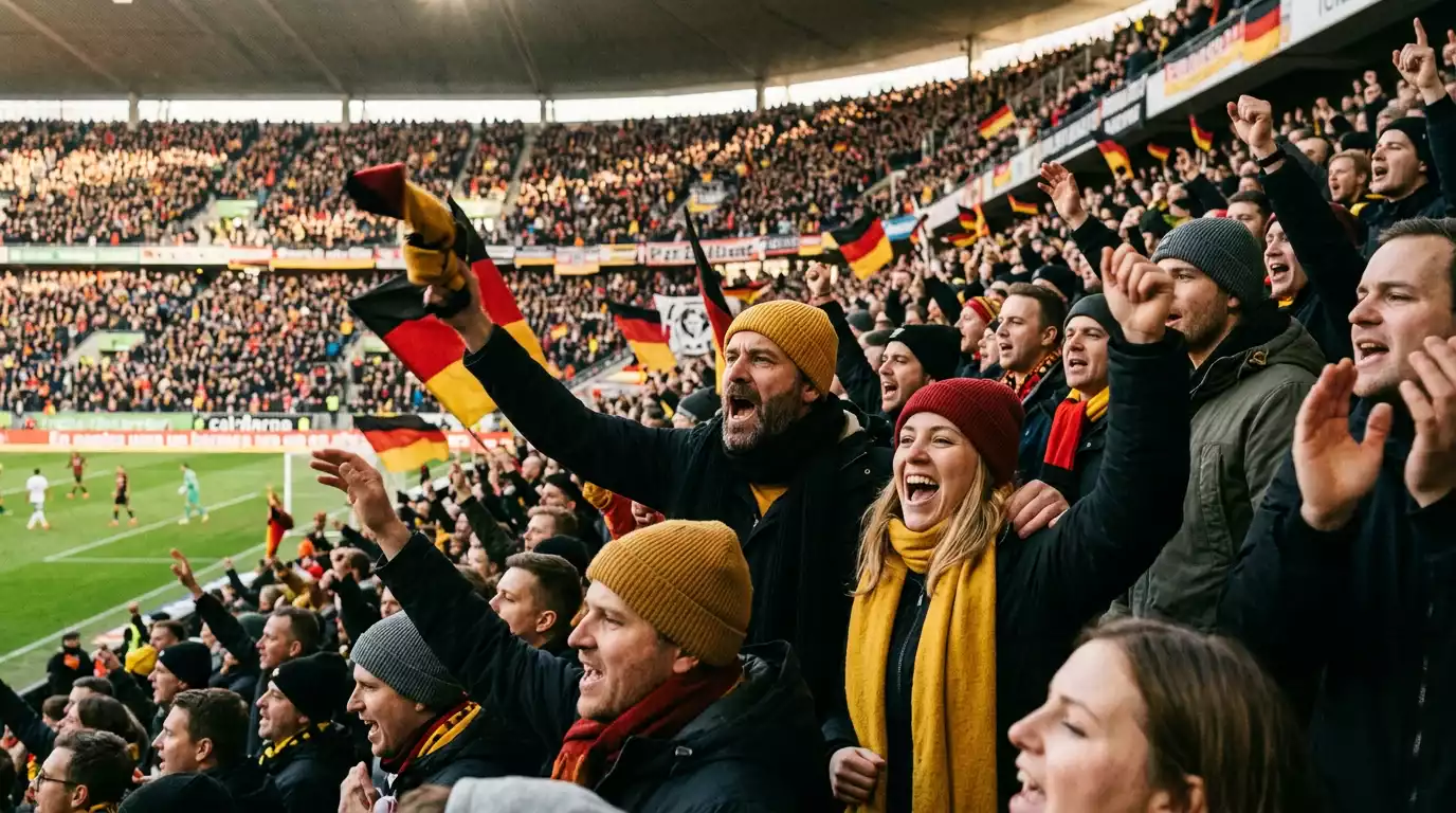 Aficionados de un club de la Bundesliga con bufandas animando desde las gradas durante un partido de tarde