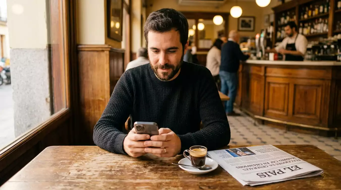 Aficionado español consultando cuotas de la Bundesliga en el móvil desde una cafetería