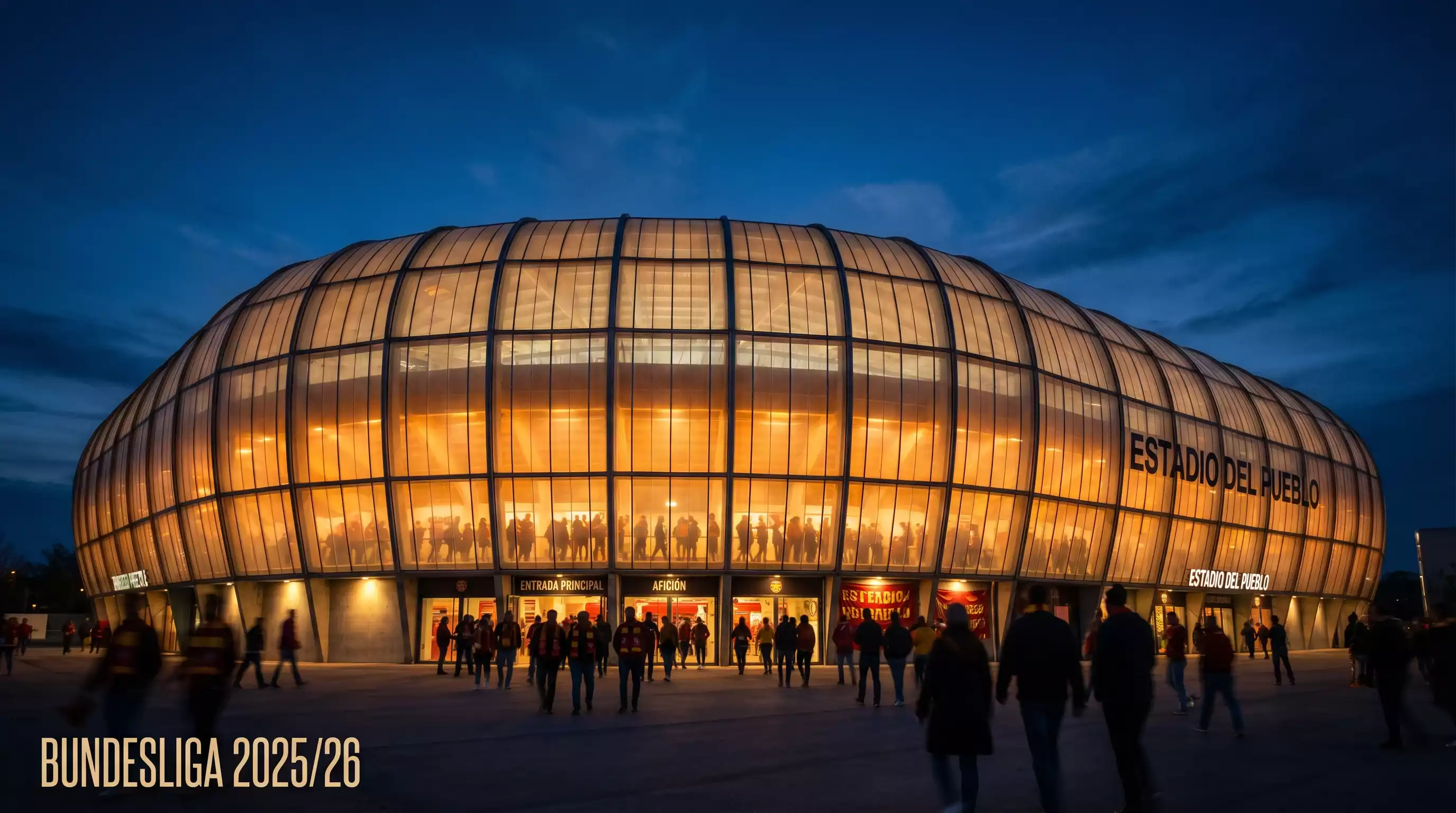 Estadio de la Bundesliga iluminado durante un partido nocturno con gradas llenas