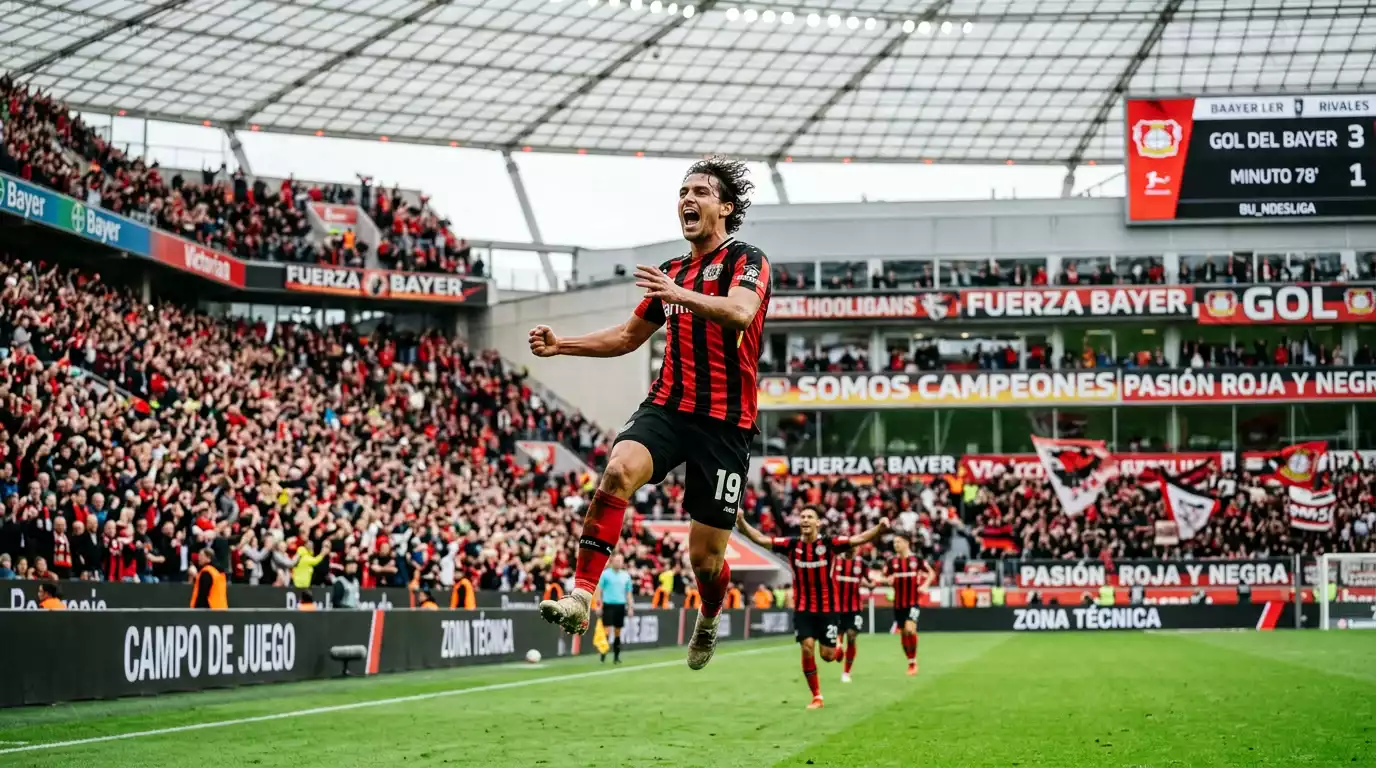Jugadores del Bayer Leverkusen celebrando un gol en la BayArena