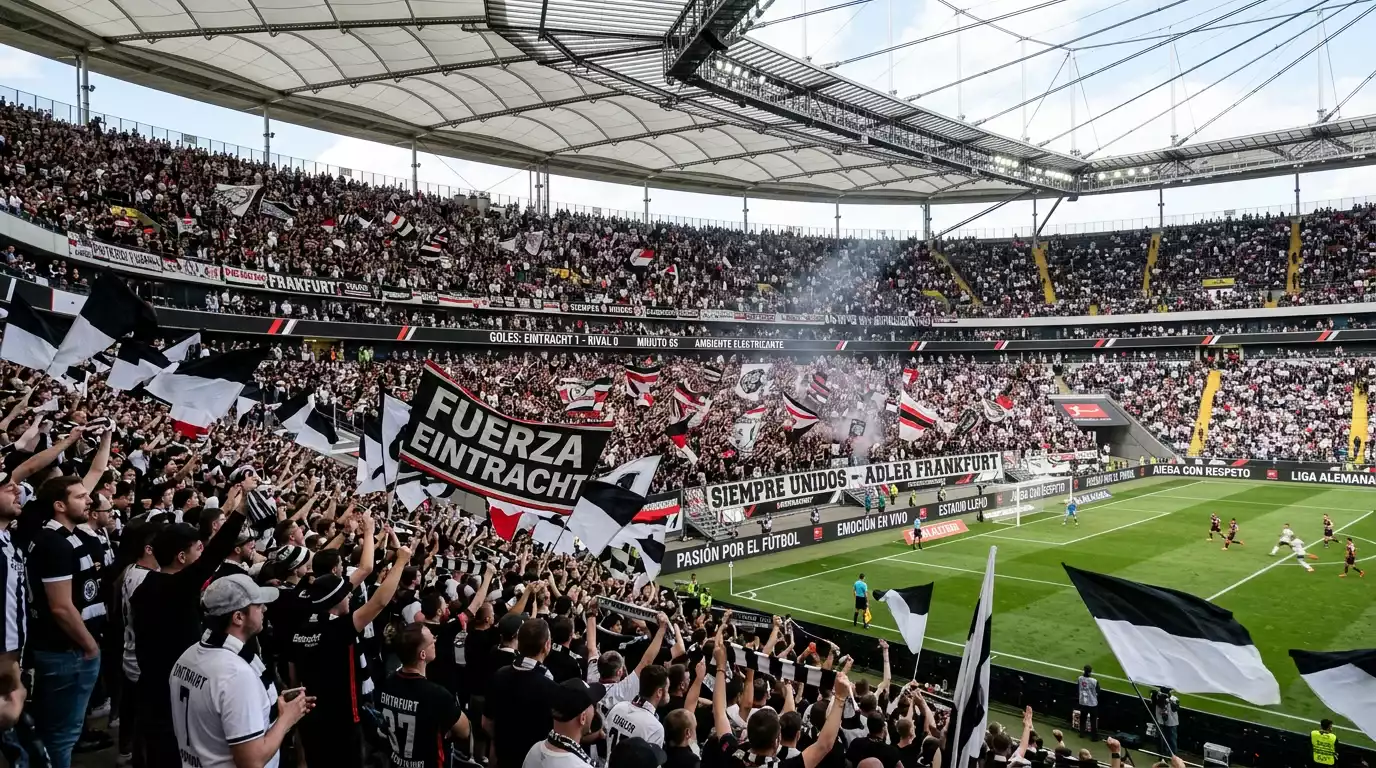 Aficionados del Eintracht Frankfurt con bufandas águila en el Deutsche Bank Park