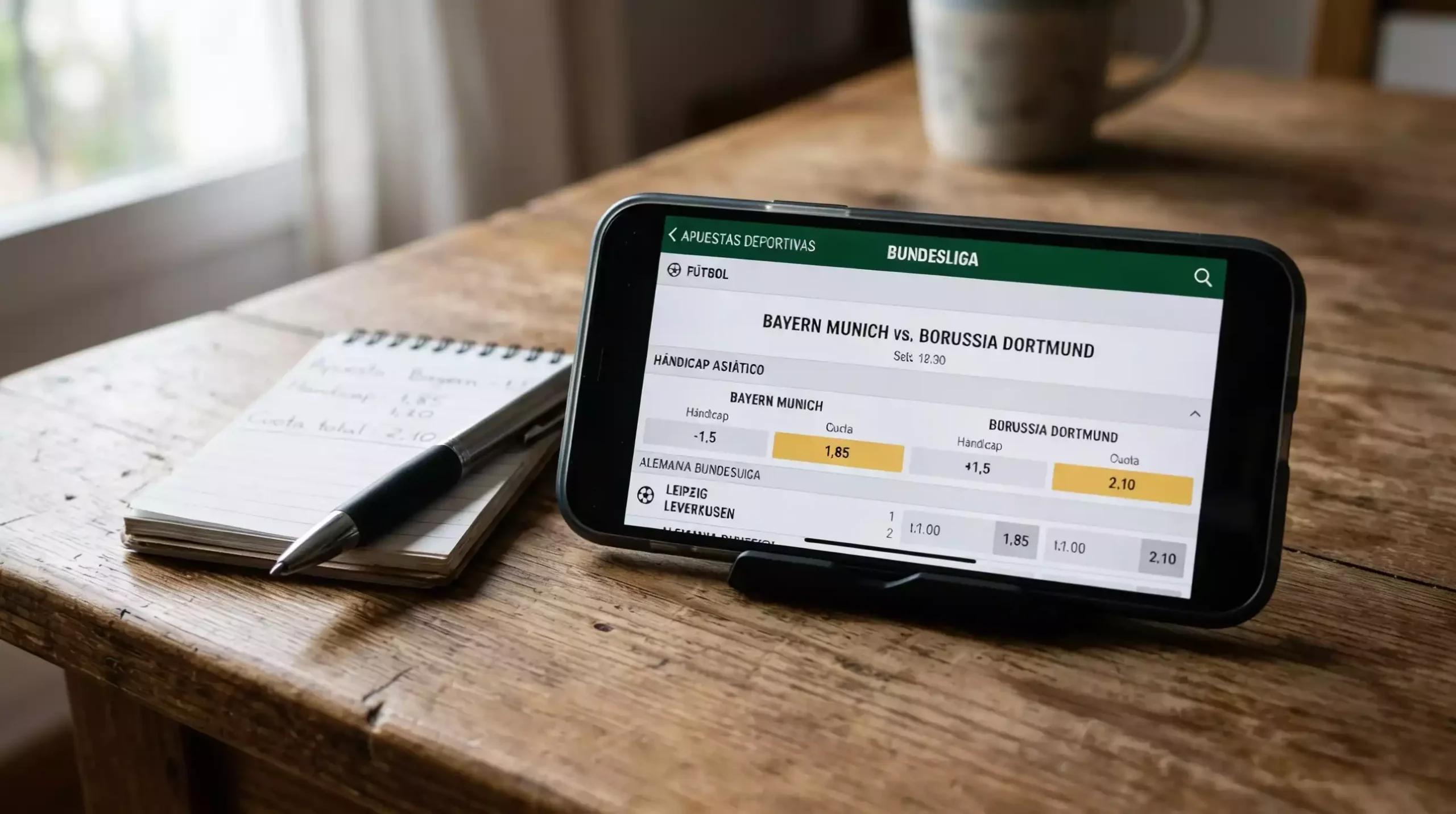 Panel de apuestas mostrando líneas de hándicap asiático en un partido de la Bundesliga