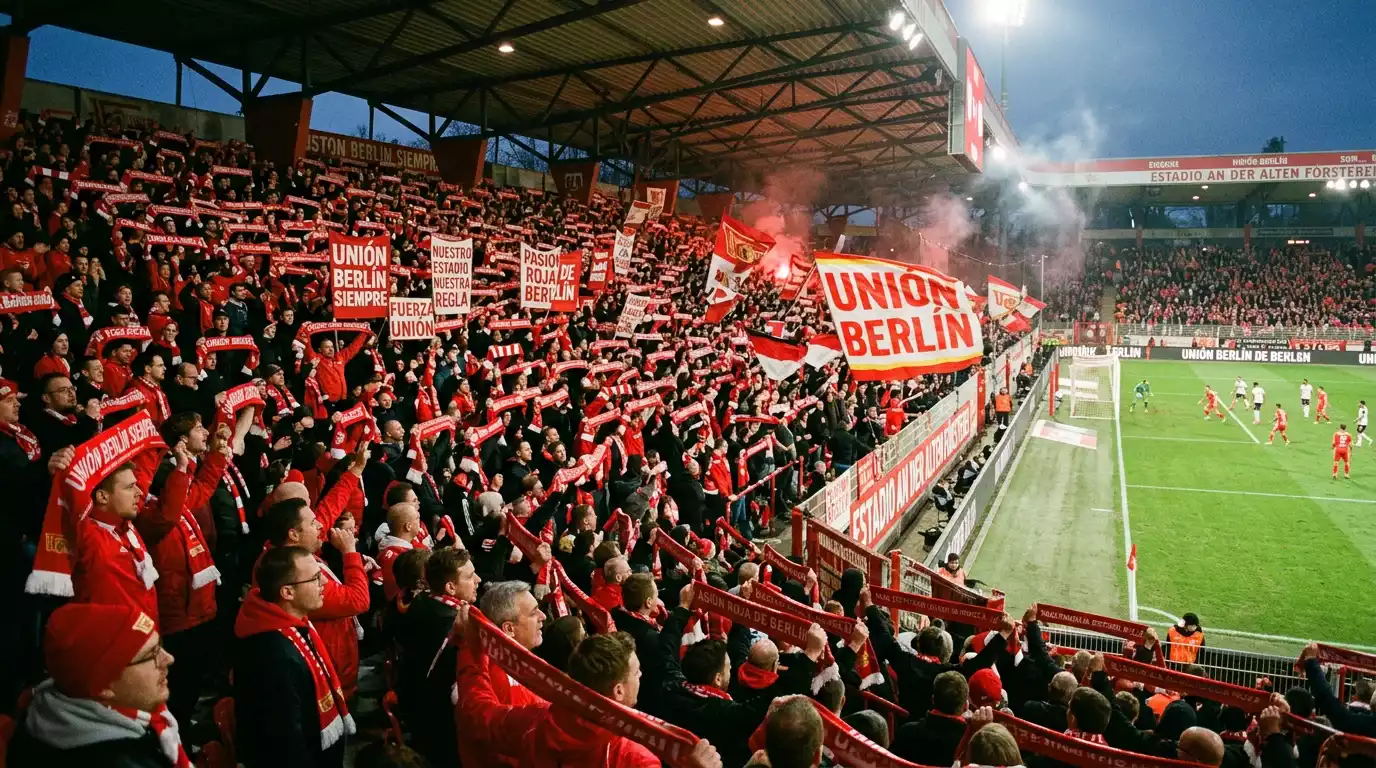 Aficionados del Union Berlin con bufandas rojas en An der Alten Försterei