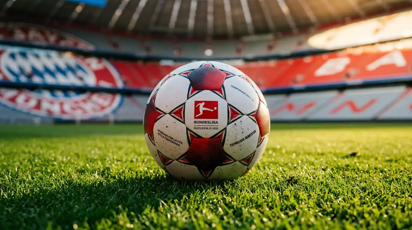 Balón oficial de la Bundesliga sobre el césped recién cortado de un estadio alemán antes del saque inicial