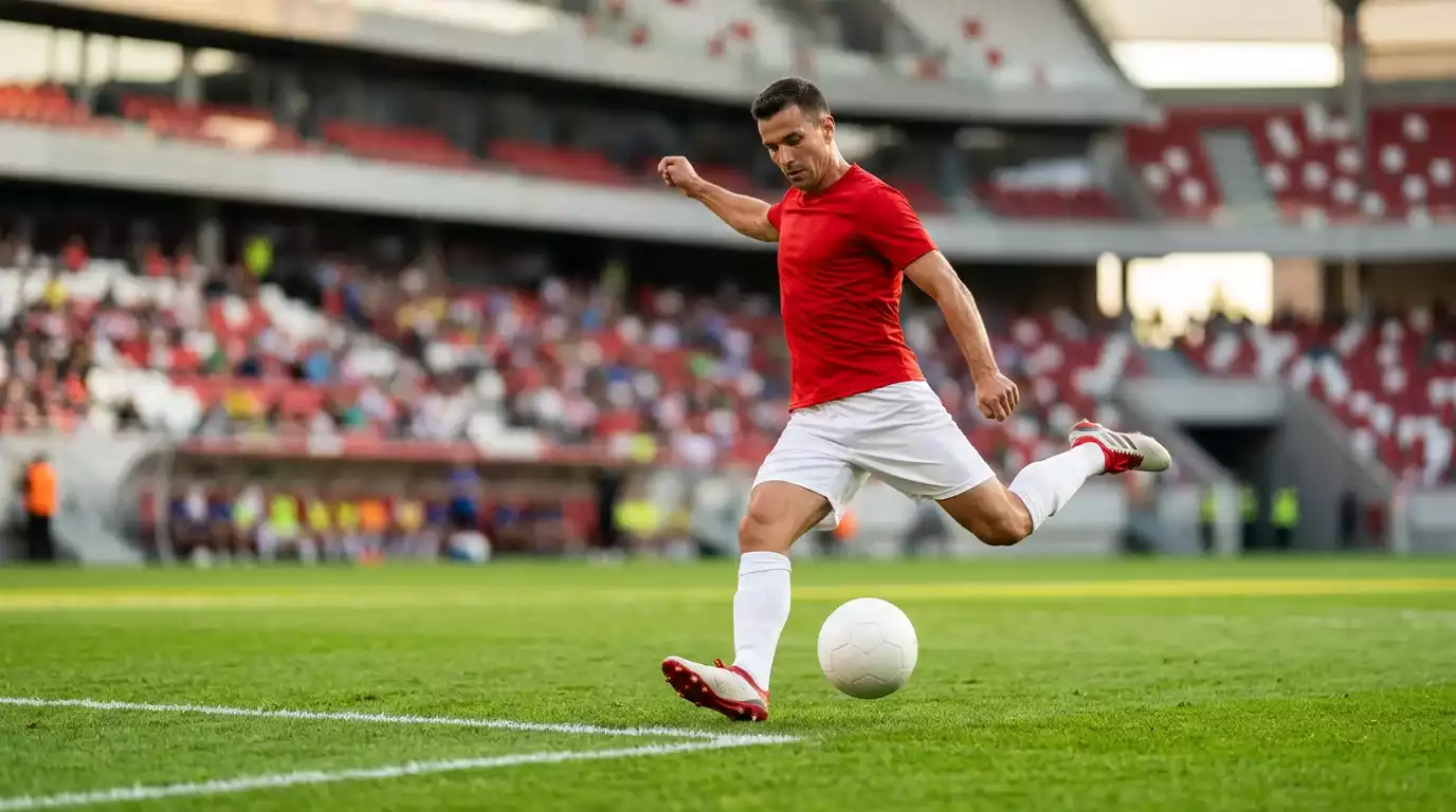 Jugador con camiseta roja rematando a portería en el césped del Allianz Arena
