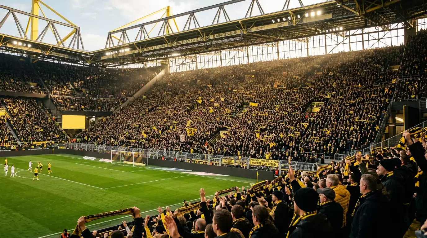 Aficionados llenando las gradas de un estadio de la Bundesliga antes del saque inicial