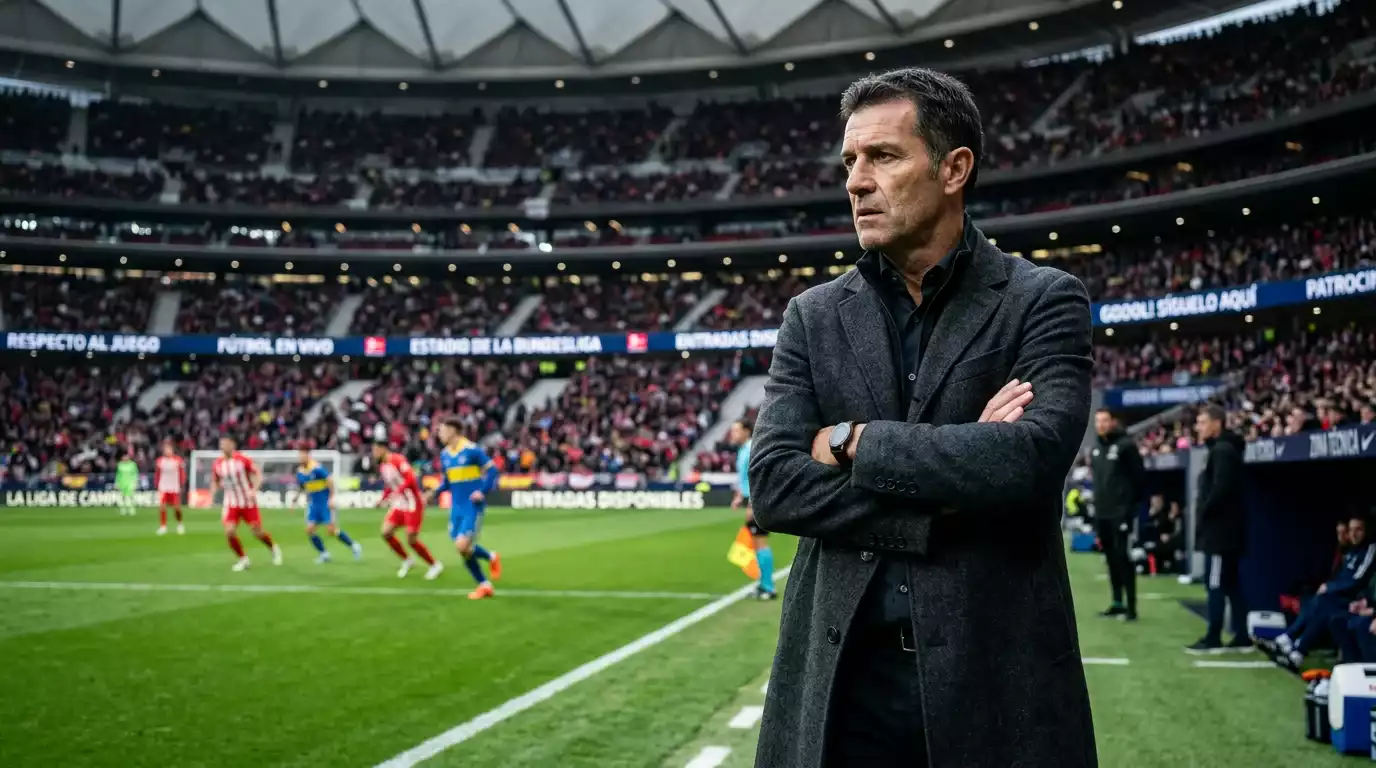 Entrenador de un equipo de la Bundesliga analizando el partido desde la banda con el césped y los jugadores de fondo