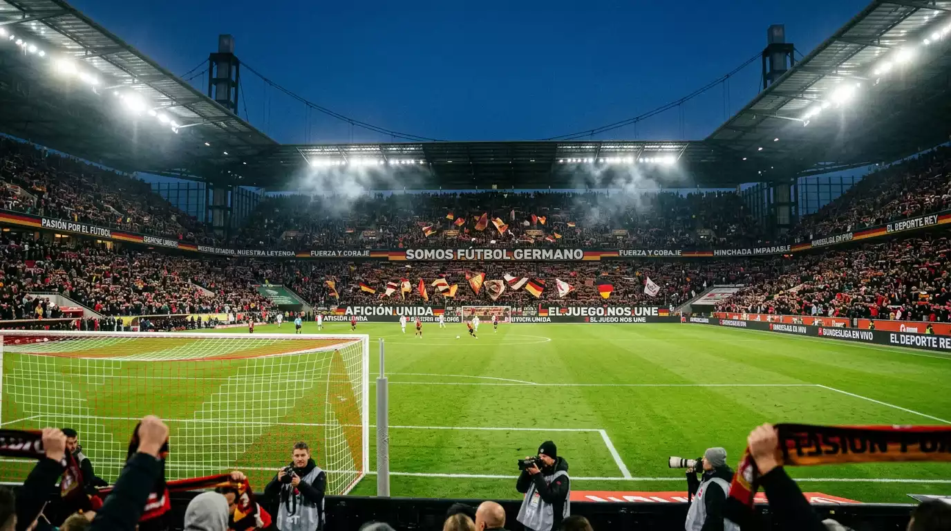 Estadio alemán de la Bundesliga iluminado en una noche de partido decisivo con las gradas llenas de aficionados