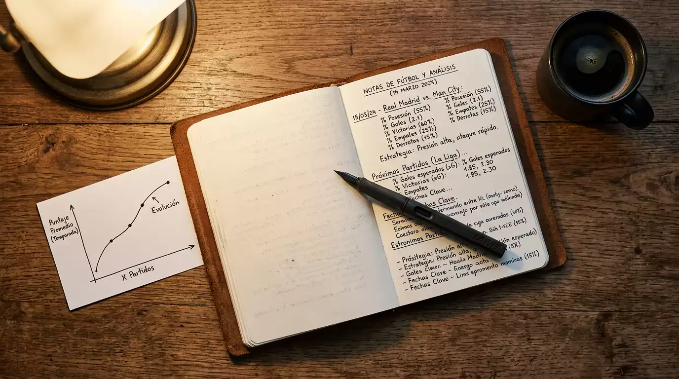 Diario de apuestas manuscrito con notas sobre valor esperado y bankroll en una mesa de madera