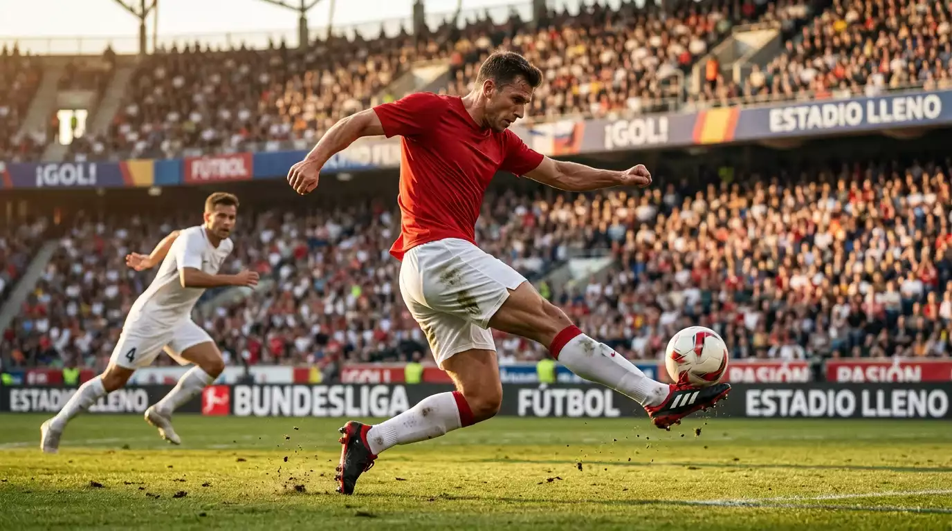 Jugador de la Bundesliga golpeando el balón con fuerza hacia la portería en una acción de ataque