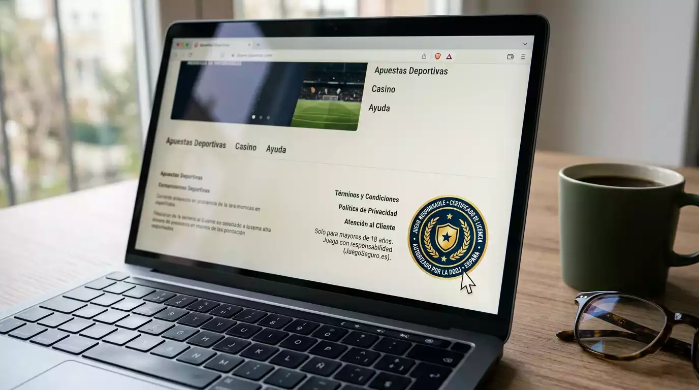 Sello oficial Jugar Bien de la DGOJ en un pie de página de casa de apuestas legal en España