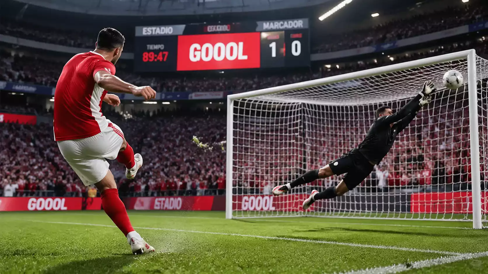 Delantero rematando a puerta en un partido de la Bundesliga con balón al fondo de la red
